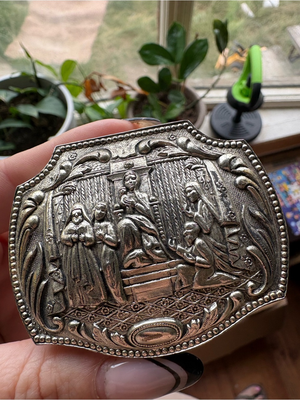 Vintage Religious Silver Plated Footed Trinket Box Red Velvet Lining